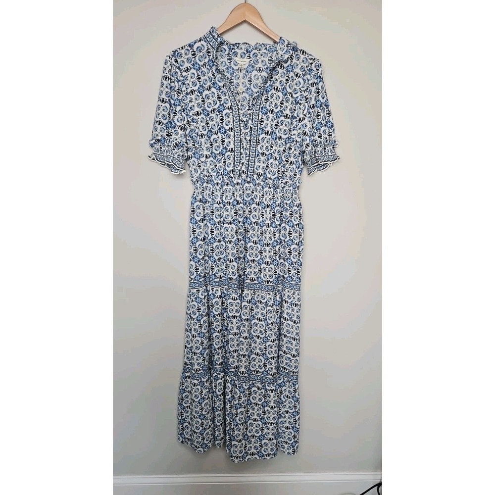 Max Studio Maxi Dress 1X Blue Floral Tiered Boho Smocked Prairie Peasant Ruffle